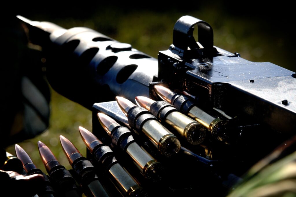 A Royal Marines .50 calibre machine gun at the Commando Training Centre Royal Marines (CTCRM) Lulworth Camp during a training session. [Crown Copyright/MOD2008]
