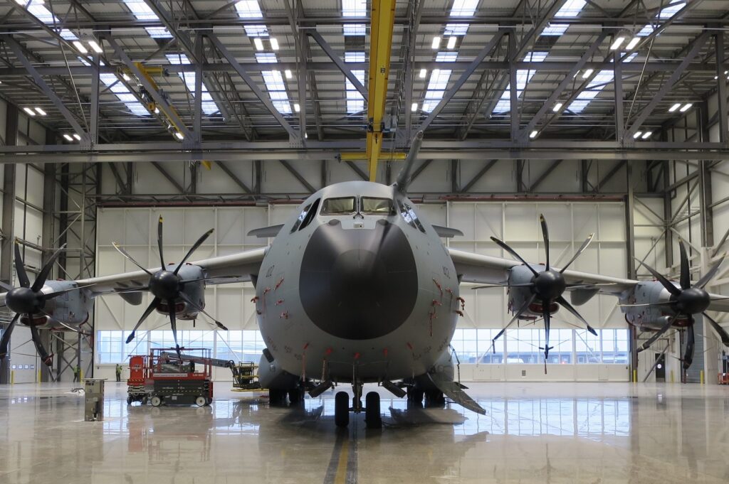 An A400M aircraft inside one of the large spaces in the enormous A400M hangar at Brize Norton.