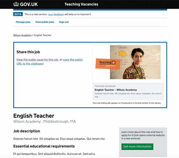 A screen shot of the teacher vacancies service where the user can publish a vacancy. An example English Teacher vacancy in Middlesborough is shown with latin text underneath the headings "job description" and "essential educational requirements"