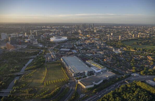 Here East photographed from the air with London Stadium in background
