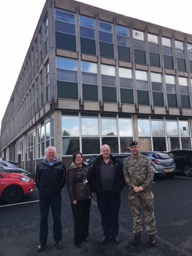 Key Support – personnel at Catterick (outside the trial building) who were central to making the case study a success – from L to R: Kevin Hutchinson, ITC; Tracy Kay, DIO; Stephen Mead, ITC; Maj Jamie Webb-Fryer ITC.