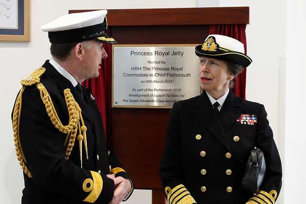 Her Royal Highness The Princess Royal with Portsmouth Naval Base Commander Commodore Jeremy Rigby at the official naming ceremony of the new Jetty, The Princess Royal Jetty. Image: LPhot Paul Hall