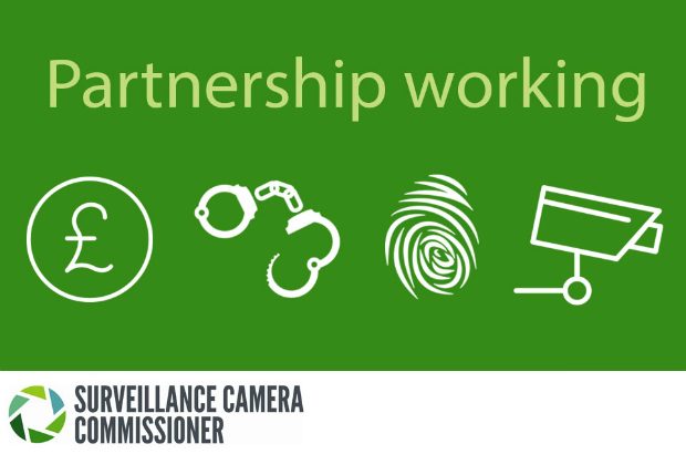 Graphic with images of money, handcuffs, finger print and CCTV camera with the words 'partnership working'