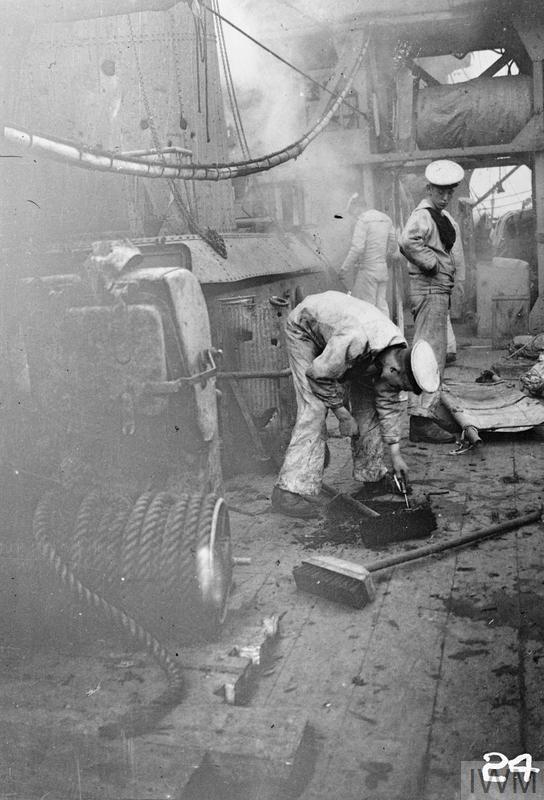 Damage to the deck of HMS Chester sustained during the Battle of Jutland, 1916