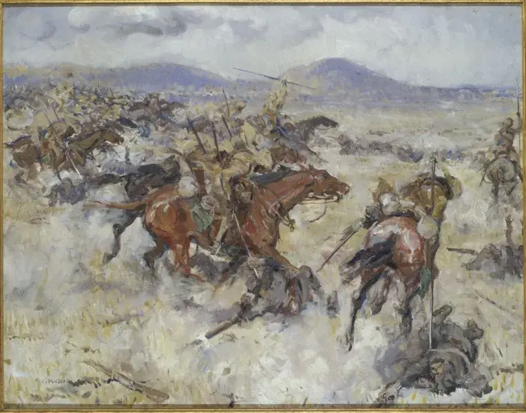A line of Indian lancers charge at Turkish infantry across a valley. Two Turkish infantrymen lie on the ground as they are speared by two Indian lancers.