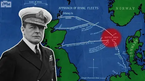 Admiral David Beatty, British Admiral of the fleet, in front of a map of the North Sea, where The Battle of Jutland took place.