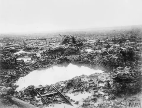 Assault on Passchendaele 12 October - 6 November: A derelict tank stuck in the mud.