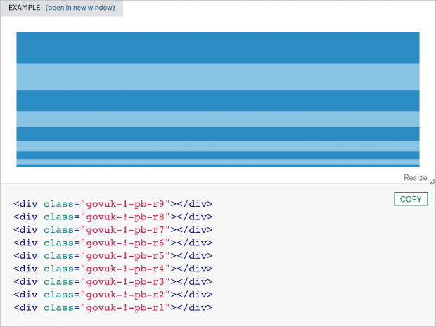 A visualisation of the spacing scale in the GOV.UK Design System using govuk-!-pb, which stands for padding-bottom