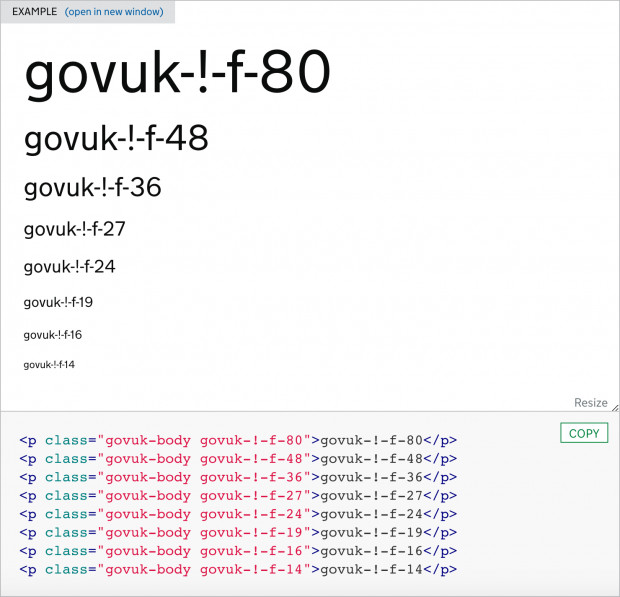 An example of font override classes in use in the GOV.UK Design System