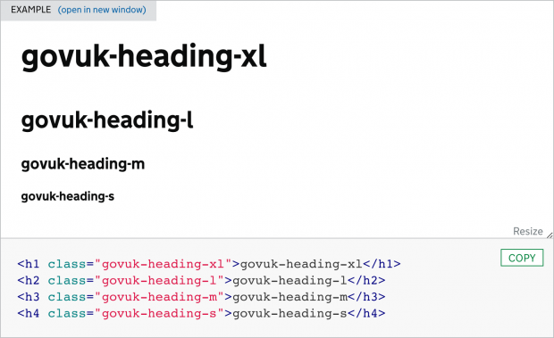An example of the heading classes in the GOV.UK Design System