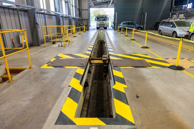 Testing lane at an Authorised Testing Facility with a lorry in the entrance approaching 