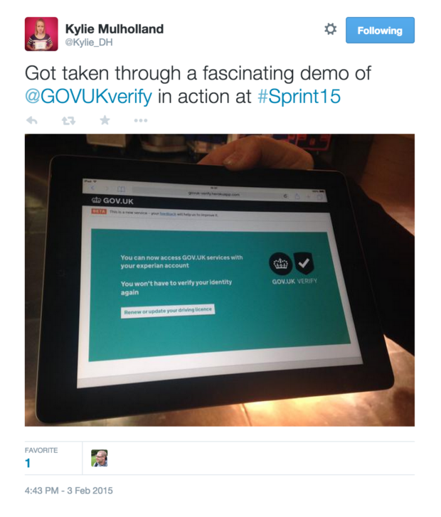 Got taken through a fascinating demo of @GOVUKverify in action at #Sprint15