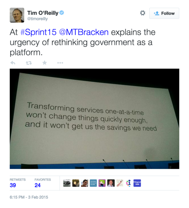 At #Sprint15 @MTBracken explains the urgency of rethinking government as a platform.
