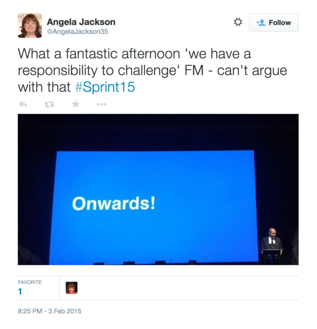 What a fantastic afternoon 'we have a responsibility to challenge' FM - can't argue with that #Sprint15