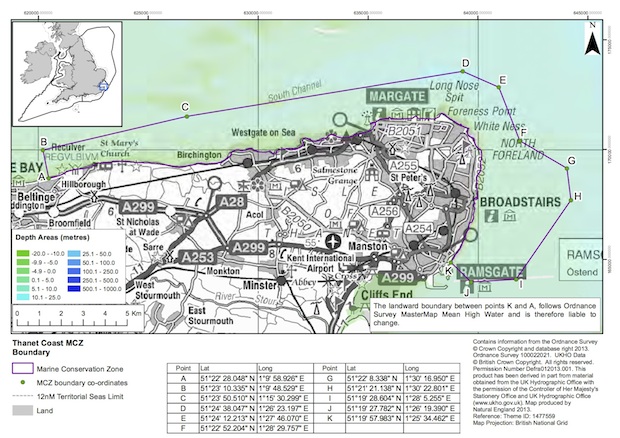 A map showing the marine conservation zone 2013 designation: Thanet Coast