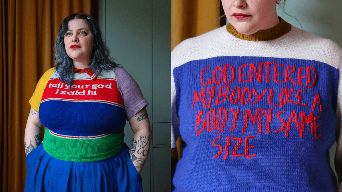Person with blue hair wearing a colourful sweater with text, standing by a mustard curtain; close-up shows a different sweater with red text.