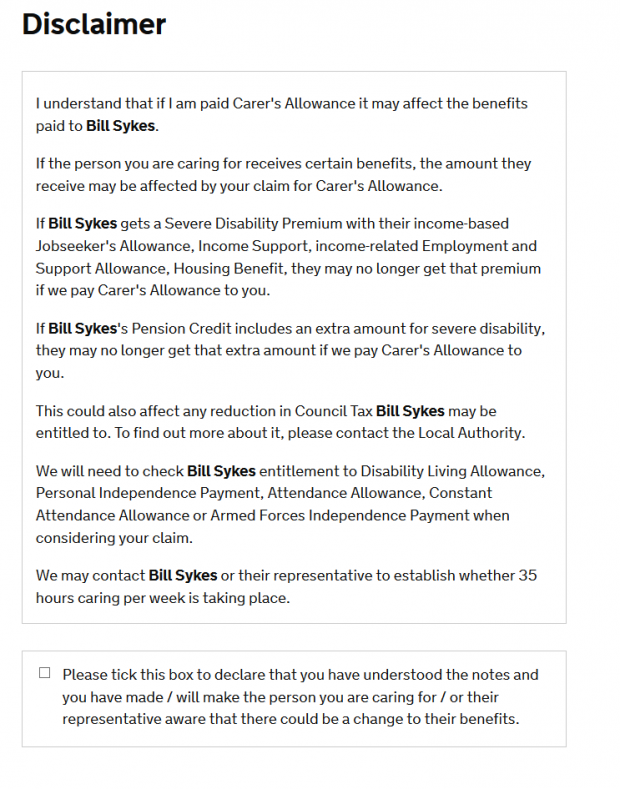 Carer's Allowance original disclaimer