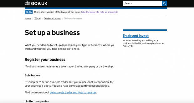 A screenshot of the 'Set up a business' page on GOV.UK