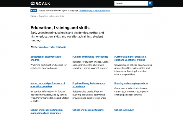education, training and skills page on GOV.UK