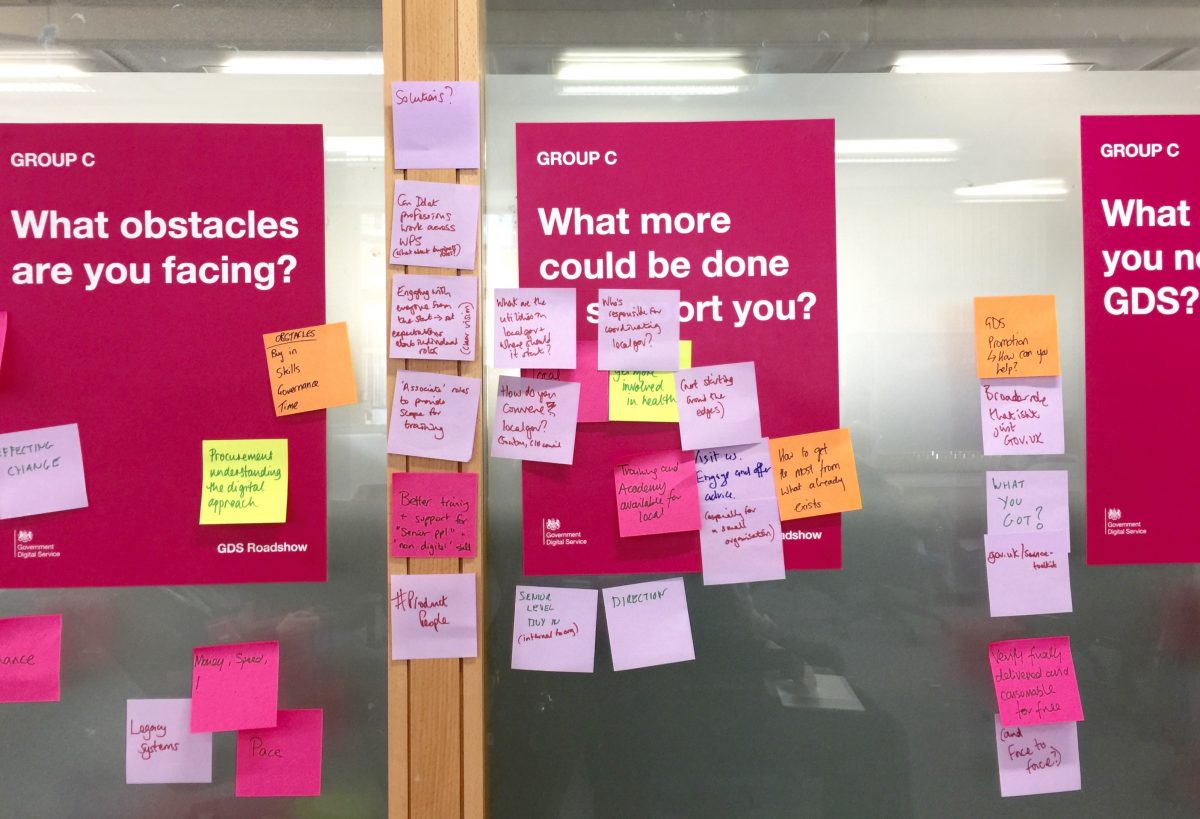 post it notes with feedback, placed on posters with questions