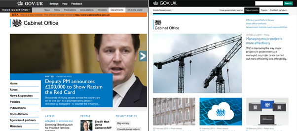 Cabinet Office homepage a year ago and today