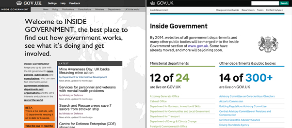 Inside Governement homepage a year ago and today