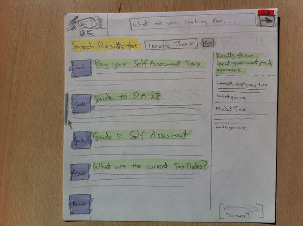 A mock-up of a search results page for "income tax".