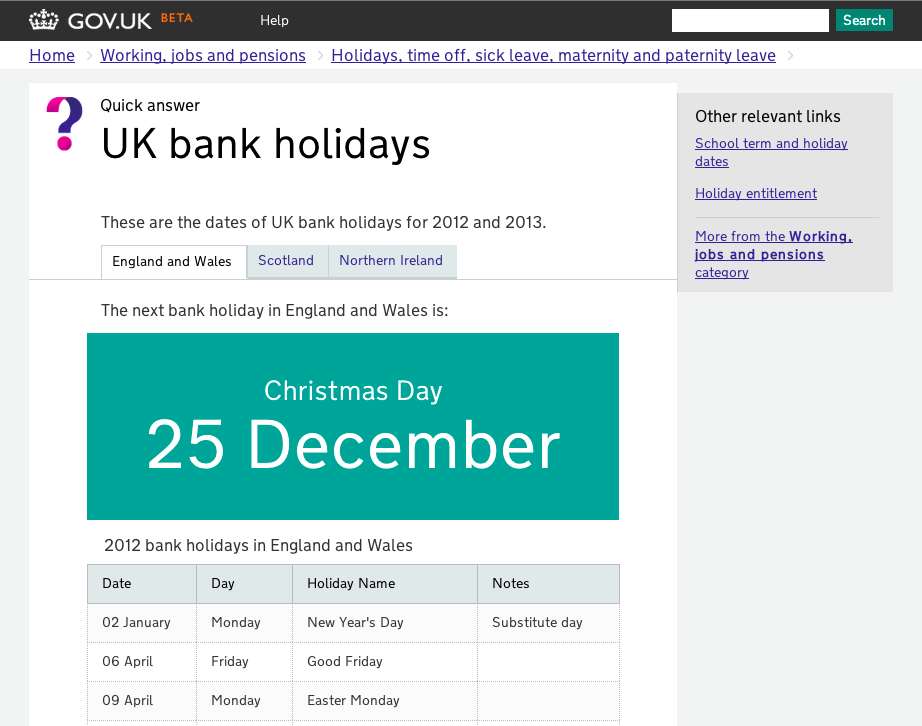 Bank Holidays page Bank Holidays page