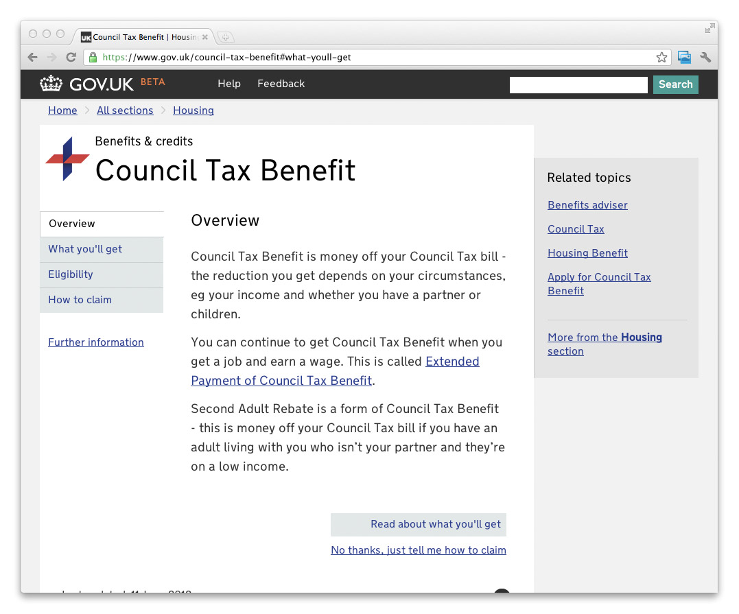 Screenshot of how navigation looks in Council Tax Benefit after the change Screenshot of how navigation looks in Council Tax Benefit after the change (navigation tabs removed from the top of the content and placed to the left)