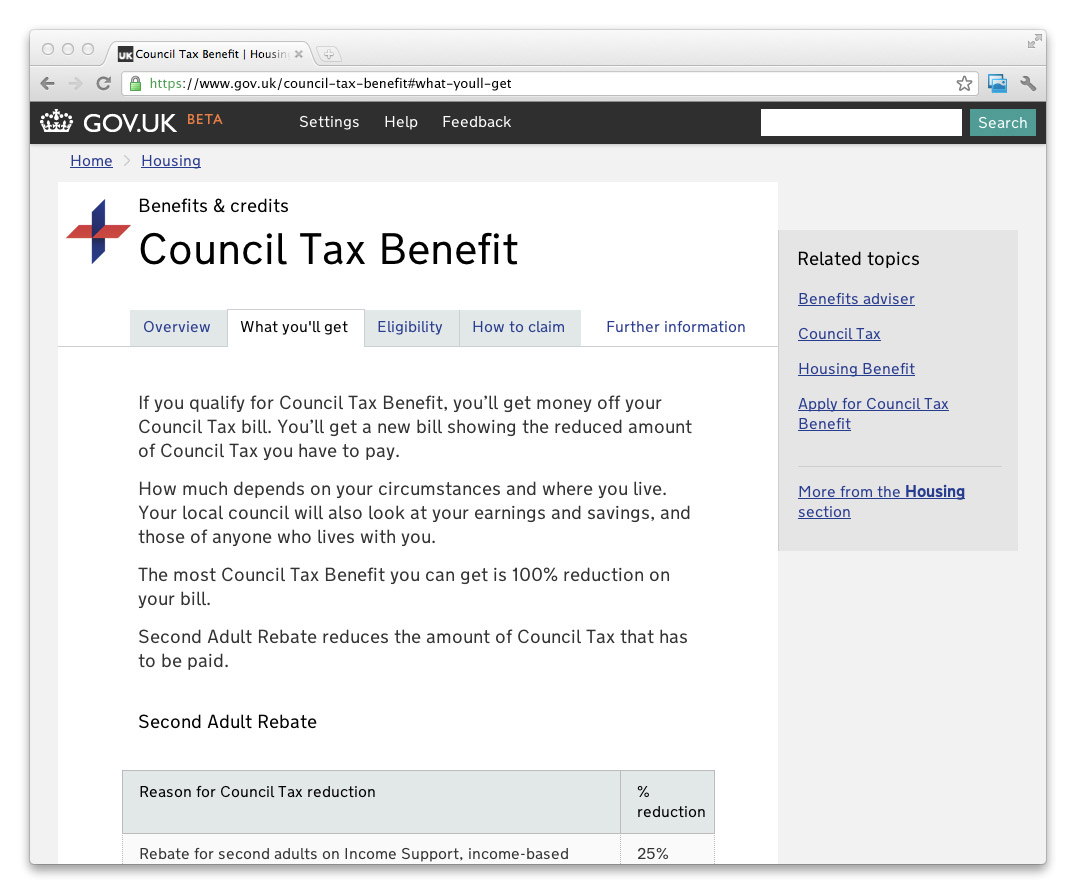 Screenshot of how navigation looked in Council Tax Benefit before the change Screenshot of how navigation looked in Council Tax Benefit before the change (tabs across the top of the main column of content)