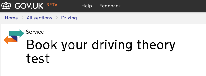 The new home link Screenshot of the driving test page showing the new Home link beneath the GOV.UK masthead with link incorporated