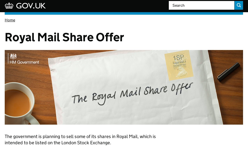 The GOV.UK Royal Mail share offer landing page