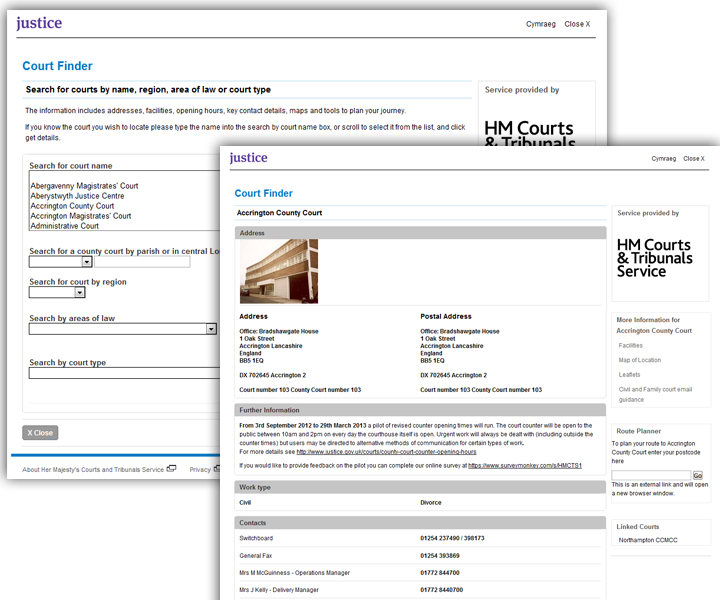 Screenshots showing what the court finder currently looks like