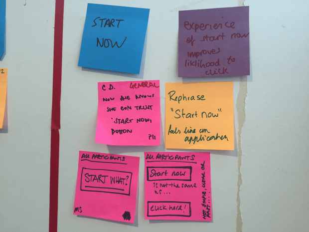 Cluster of sticky notes showing user research comments about 'Start now'