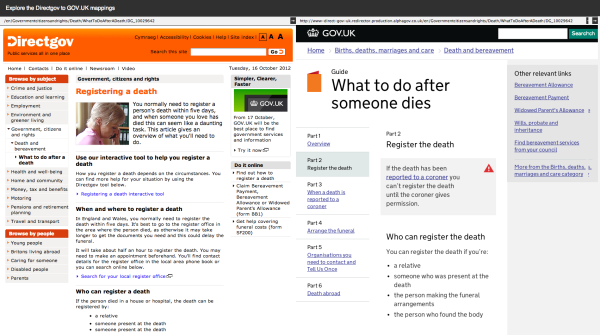 Two screenshots side by side of Directgov and GOV.UK showing the ‘Registering a death’ and ‘What to do after someone dies’ page on Directgov and GOV.UK repectively.