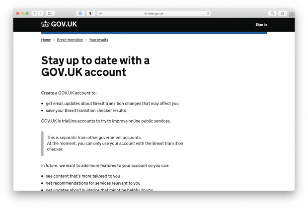 Stay up to date with a GOV.UK account webpage