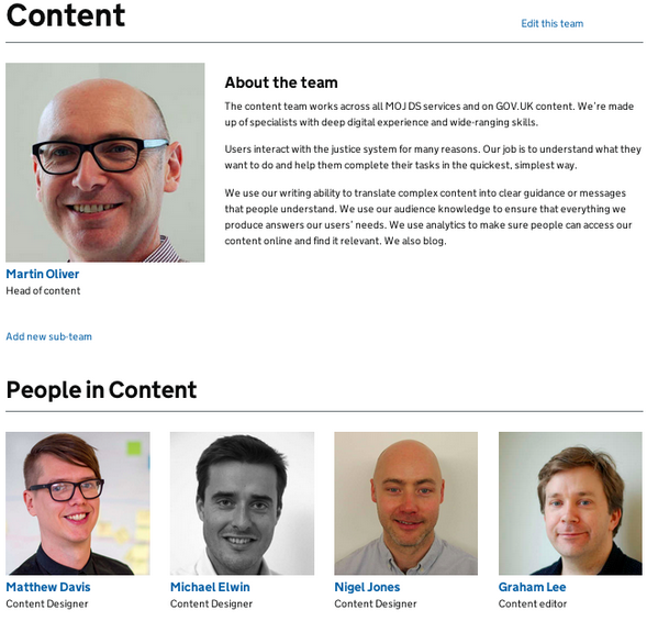 An example of a team page. All pages can be edited by anyone, allowing the new people finder to be more easily maintained.