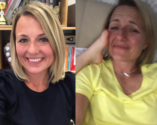 Contrasting images of Emma Turner in a professional setting and working from home with her children demanding her time