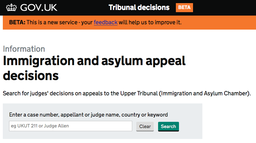 Screen shot of new immigration and asylum appeal decisions database Immigration and asylum appeal decisions screenshot