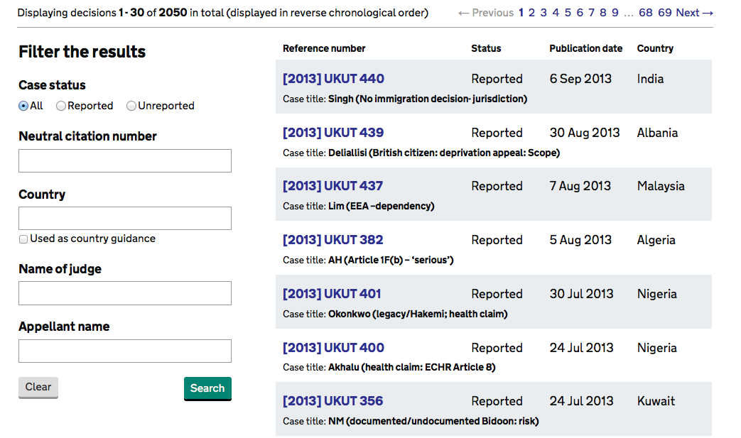 Screen shot of search filters and results in new immigration decisions database Immigration decisions filters