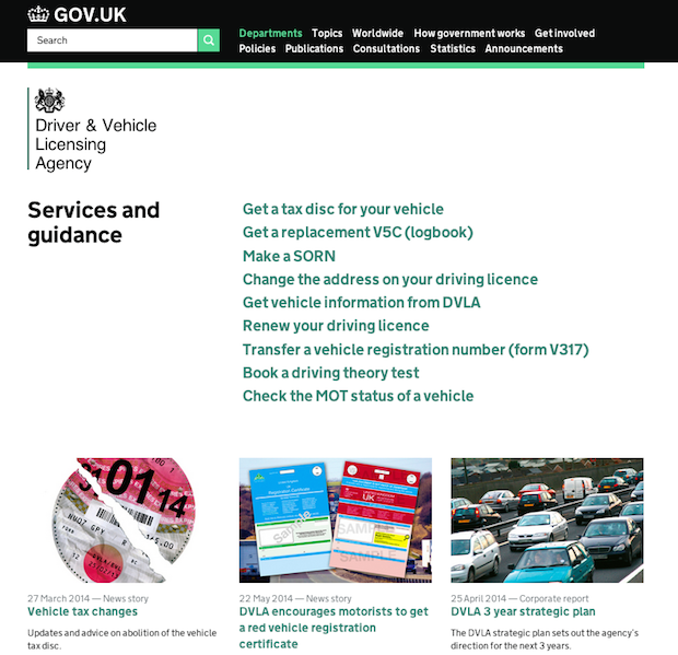 DVLA homepage with new layout