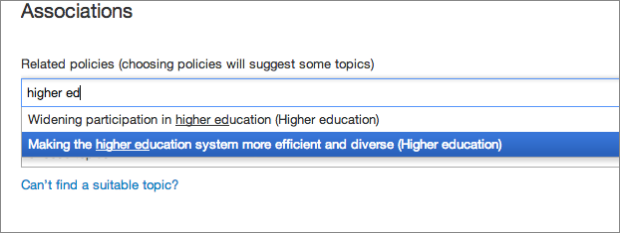 Screenshot showing selection of topic tag in a new publication