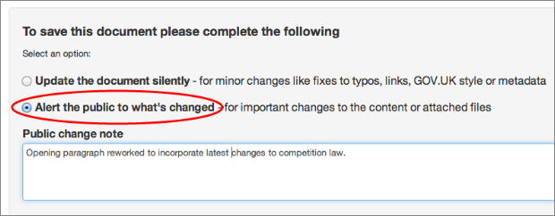 Screenshot showing radio button for major change in Whitehall publisher