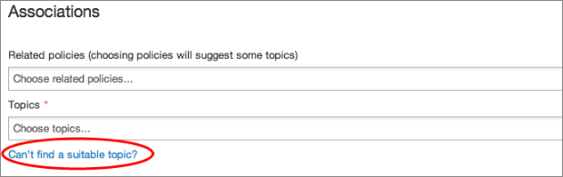 Screenshot showing how to request a new topic in Whitehall publisher