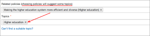 Screenshot showing how policy tag infers a topic tag