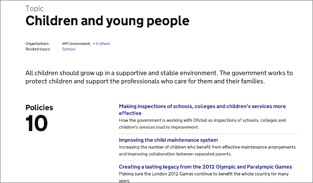 Screenshot showing policies displayed on topic landing page for 'Children and young people'