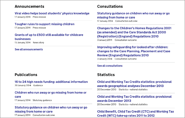 Screenshot of latest content on 'Children and young people' topic landing page