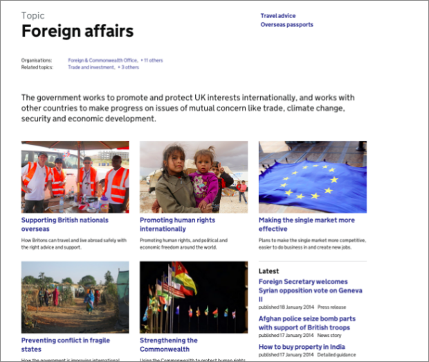 Screenshot of featured topics on foreign affairs topic landing page