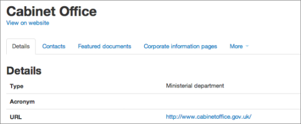 Screenshot showing the 'Details' section in Whitehall publisher for Cabinet Office