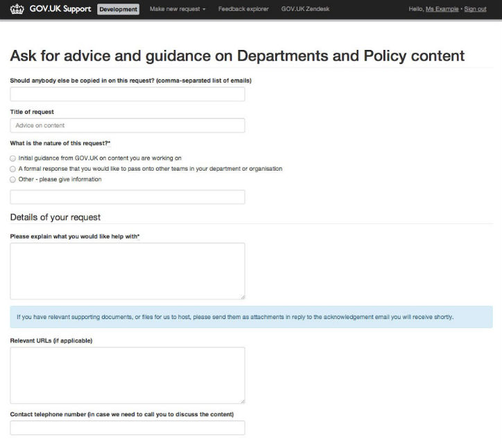 Content advice form on Zendesk